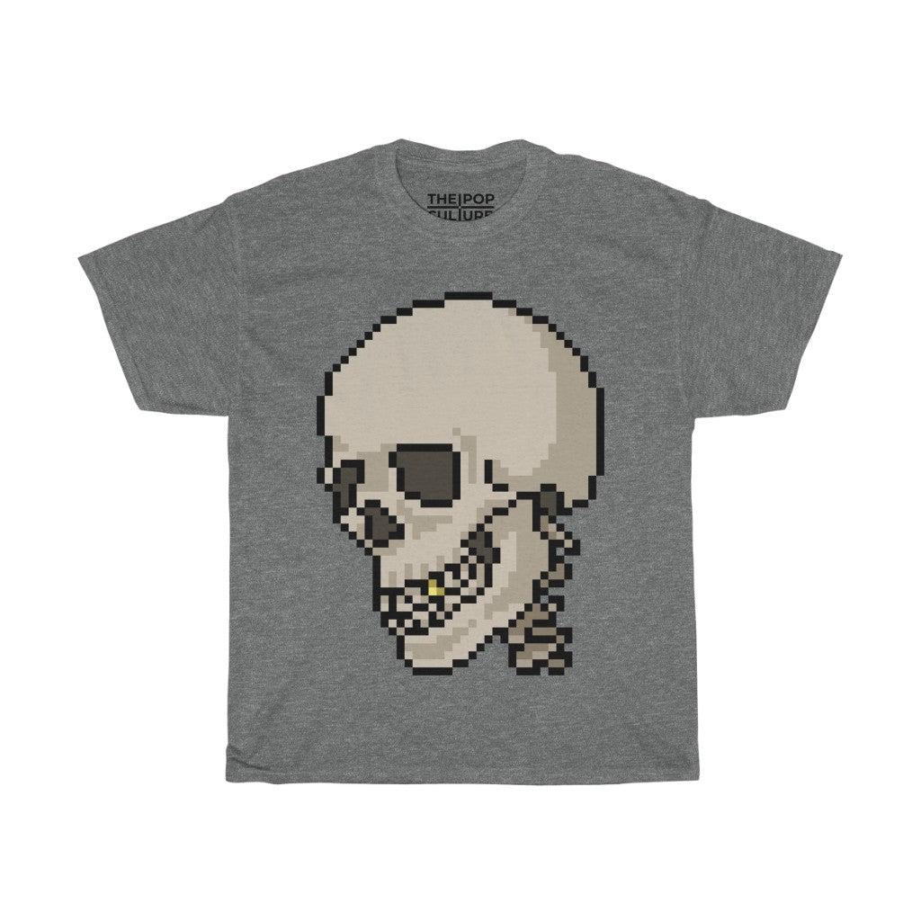 Pixel Skull Unisex Heavy Cotton T-Shirt - Pixel Art Video Game Rock Tee-S-Graphite Heather-Archethype