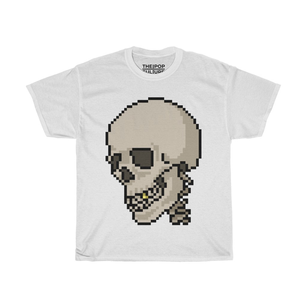 Pixel Skull Unisex Heavy Cotton T-Shirt - Pixel Art Video Game Rock Tee-L-White-Archethype