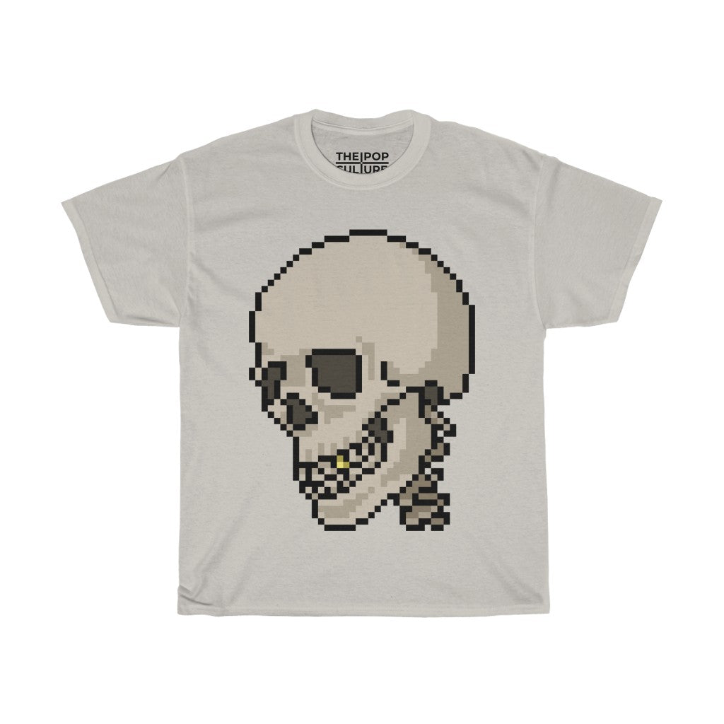 Pixel Skull Unisex Heavy Cotton T-Shirt - Pixel Art Video Game Rock Tee-S-Ice Grey-Archethype